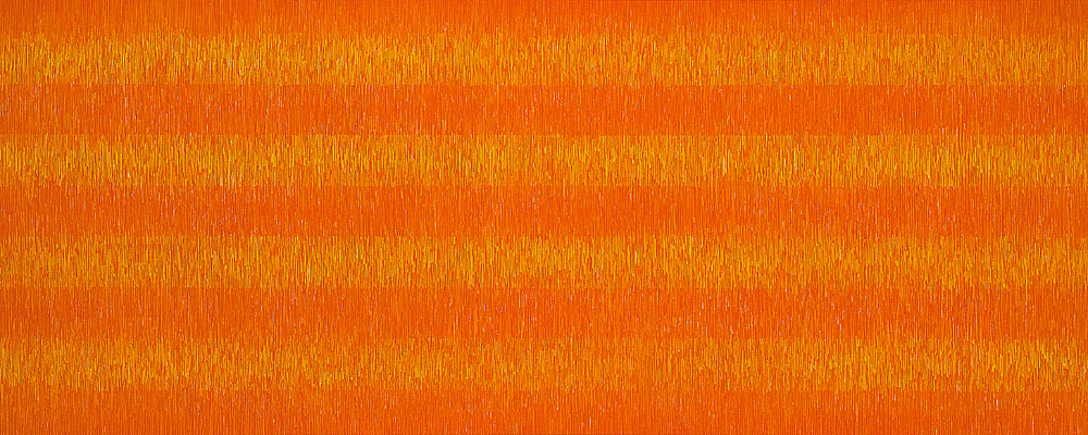 Nikola Dimitrov, FarbRaum OrangeGelb, 2014, Pigmente, Bindemittel, Lösungsmittel auf Leinwand, 120 x 300 cm