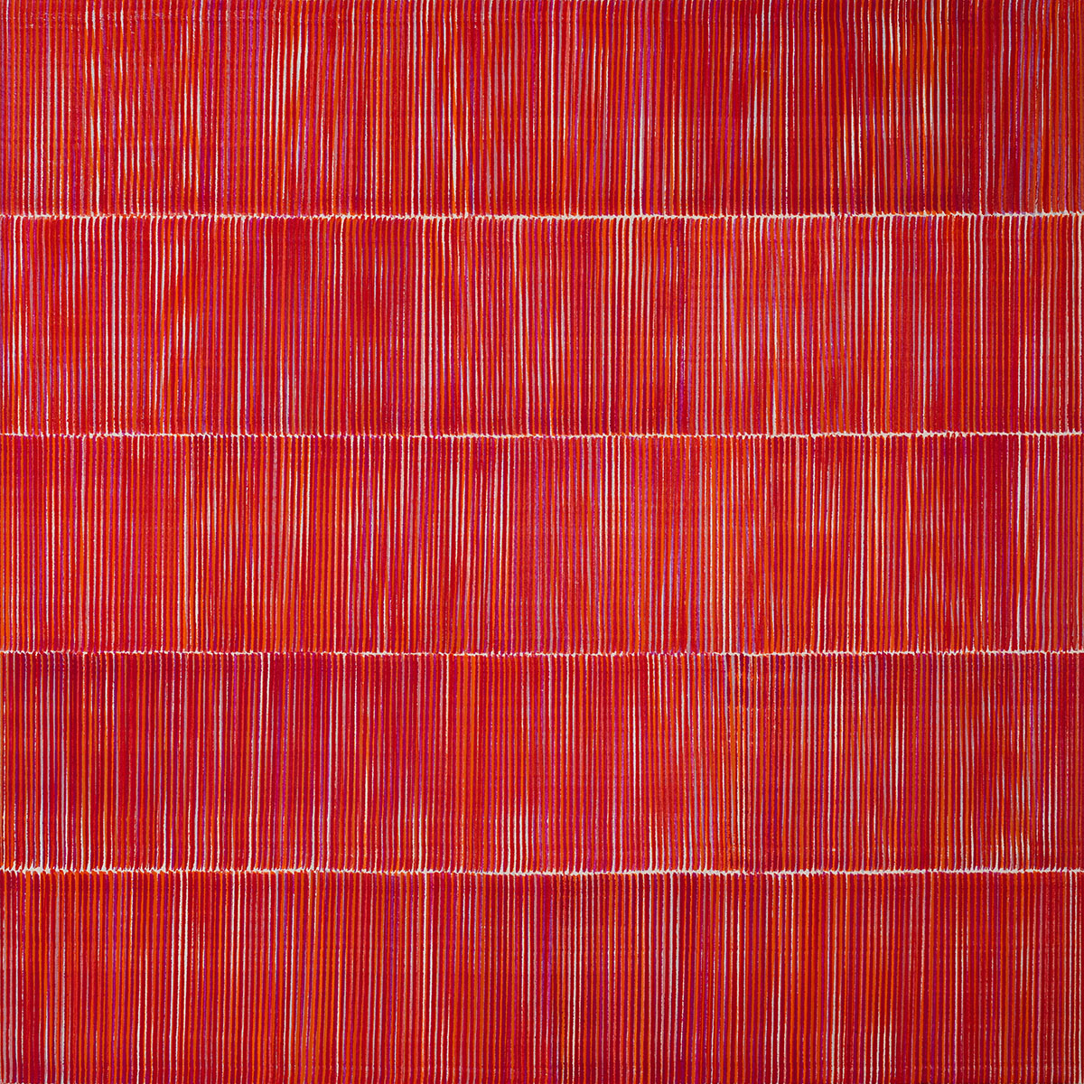 Nikola Dimitrov, RoterKlangRaum II, 2022, Pigmente, Bindemittel auf Leinwand, 100 × 100 cm