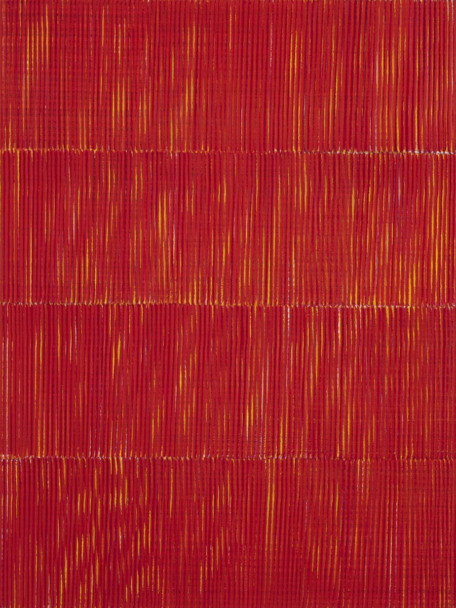 Nikola Dimitrov, Klangraum Rot I, 2023, Pigmente, Bindemittel auf Leinwand, 80 × 60 cm
