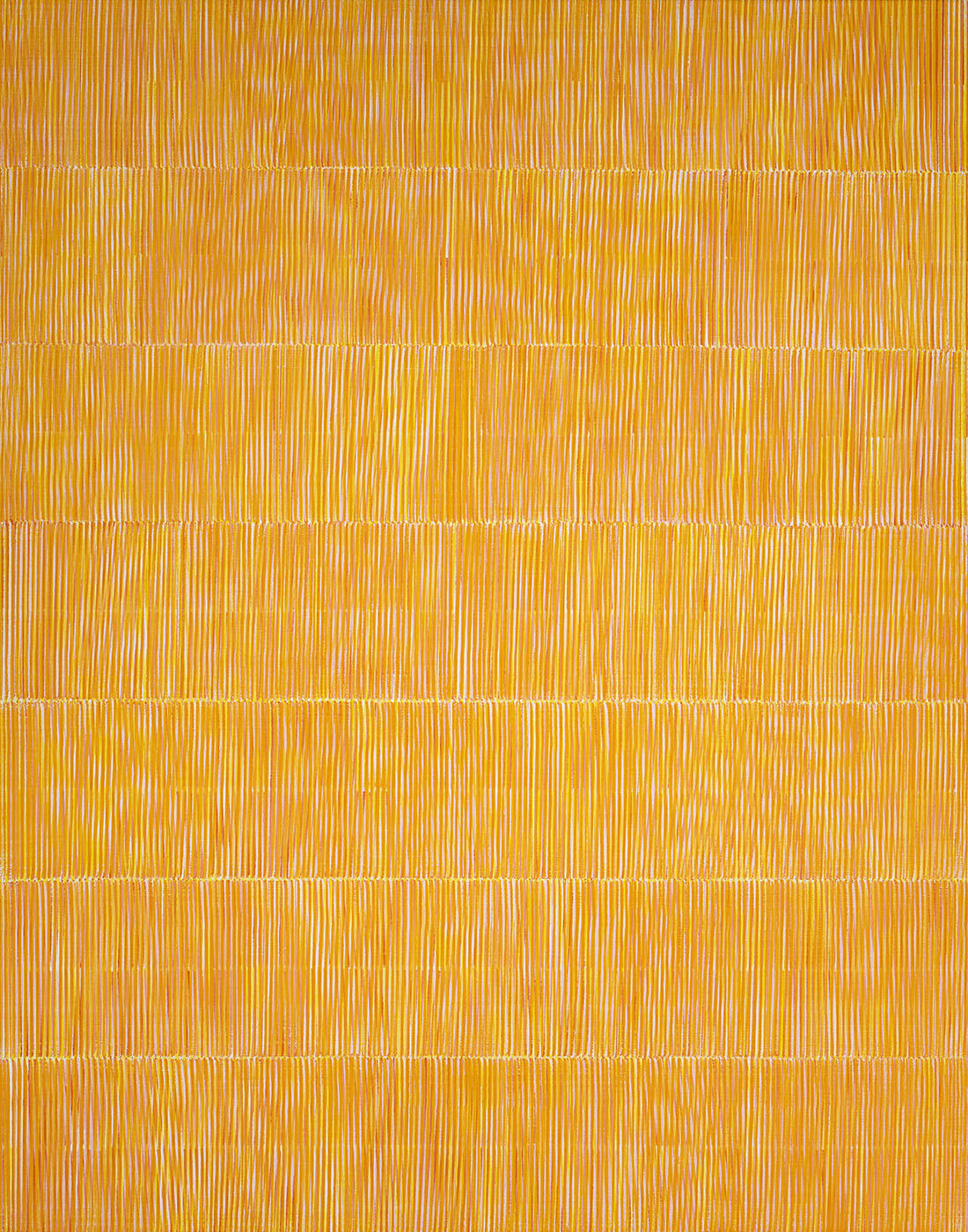 Nikola Dimitrov, Rhythmen OrangeGelb I, 2023, Pigmente, Bindemittel auf Leinwand, 140 × 110 cm