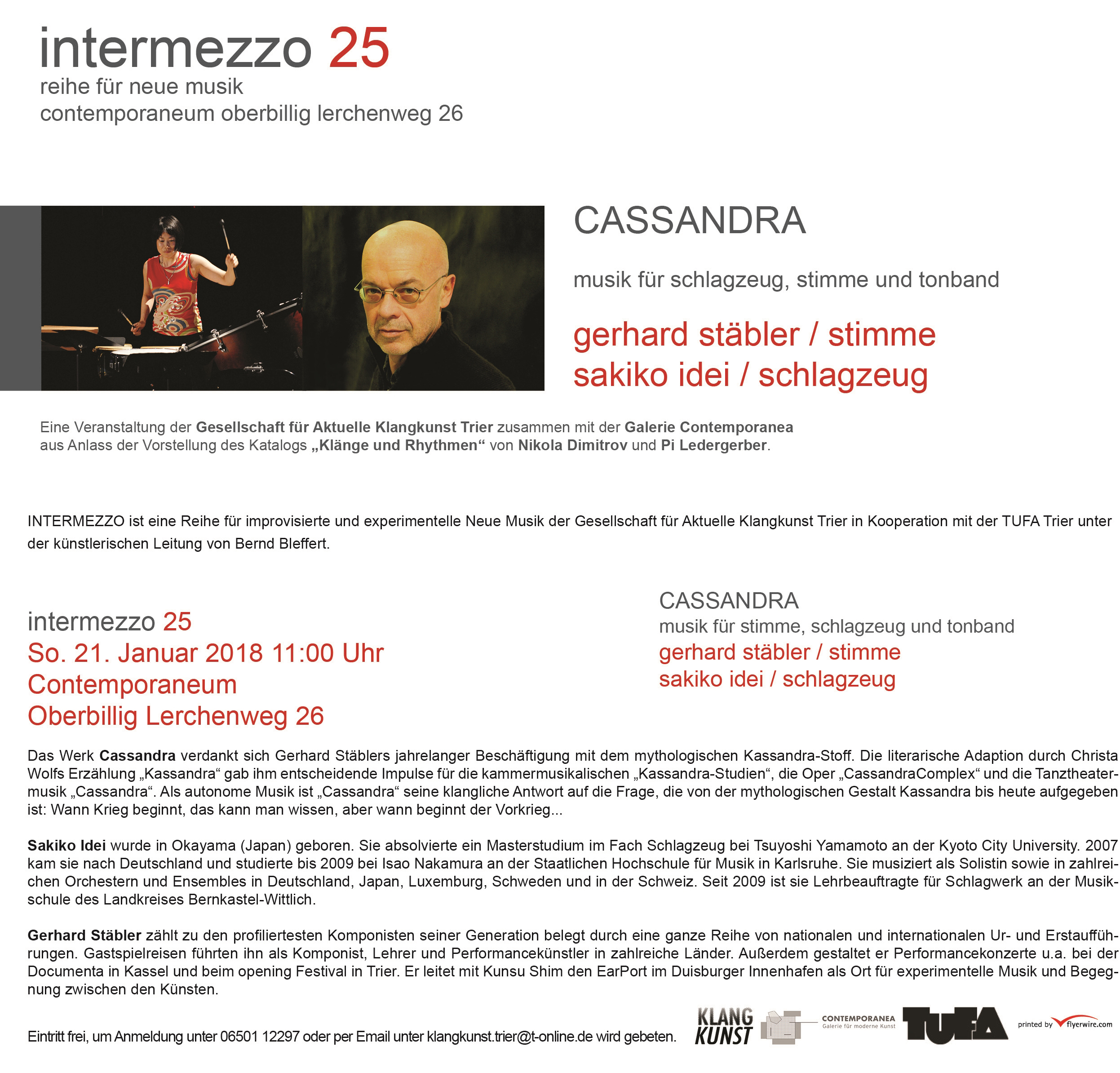 Konzertinformationen zum Intermezzo25 / Cassandra / Komposition von und mit Gerhard Stäbler